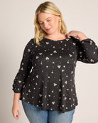 Cream/Black Dottie Floral $|& Bobeau 3/4 Cinch Sleeve Babydoll Top - SOF Front
