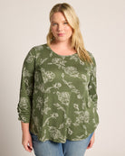 Cypress Floral $|& Bobeau 3/4 Cinch Sleeve Babydoll Top - SOF Front