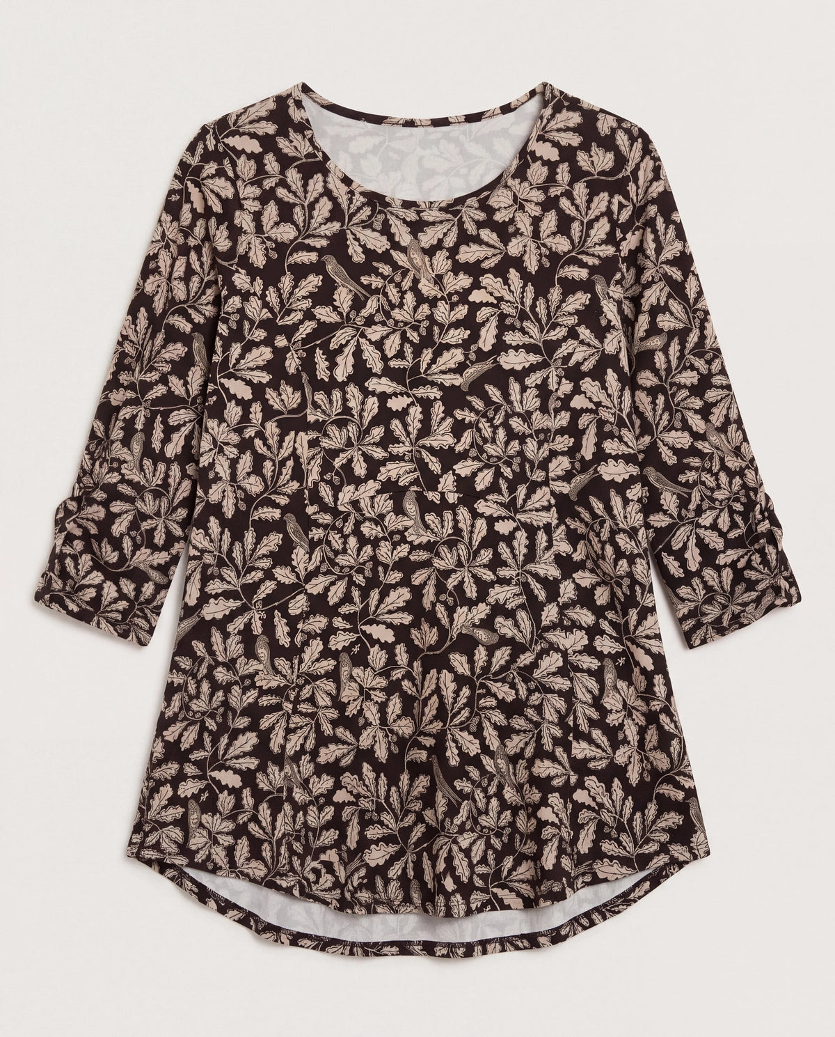 Dark Chocolate Bird Foliage $|& Bobeau 3/4 Cinch Sleeve Babydoll Top - Hanger Detail