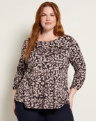 Dark Chocolate Bird Foliage $|& Bobeau 3/4 Cinch Sleeve Babydoll Top - SOF Front