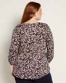 Dark Chocolate Bird Foliage $|& Bobeau 3/4 Cinch Sleeve Babydoll Top - SOF Back