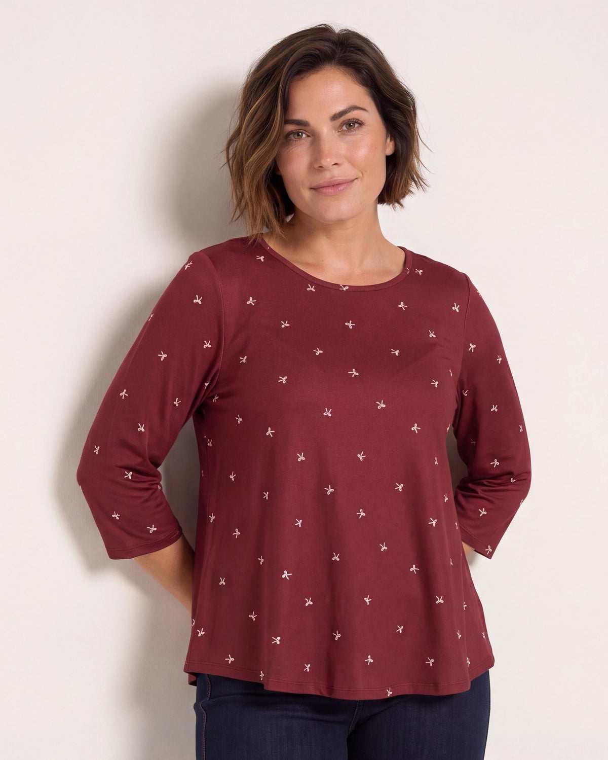 Tawny Port/Rose Bows $|& Bobeau 3 Quarter Sleeve Babydoll Top - SOF Front