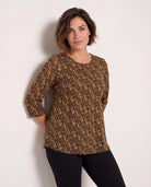 Mocha Leopard $|& Bobeau 3 Quarter Sleeve Babydoll Top - SOF Front