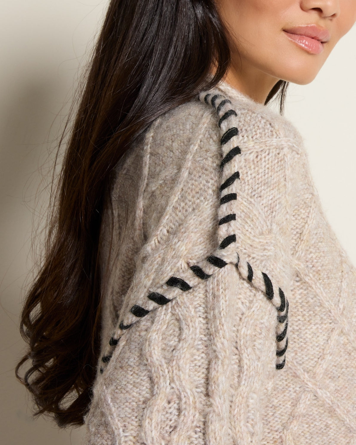 Oatmeal/Black $|& Bobeau Cable Knit Pullover with Whipstitch Detail - SOF Full Front