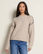 Oatmeal/Black $|& Bobeau Cable Knit Pullover with Whipstitch Detail - SOF Front