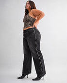 Black Bean $|& Mica Denim Mid Rise Wide Leg Jean with Nailhead Detail - Hanger Front