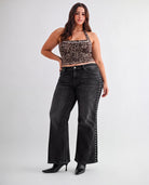 Black Bean $|& Mica Denim Mid Rise Wide Leg Jean with Nailhead Detail - VOF Detail