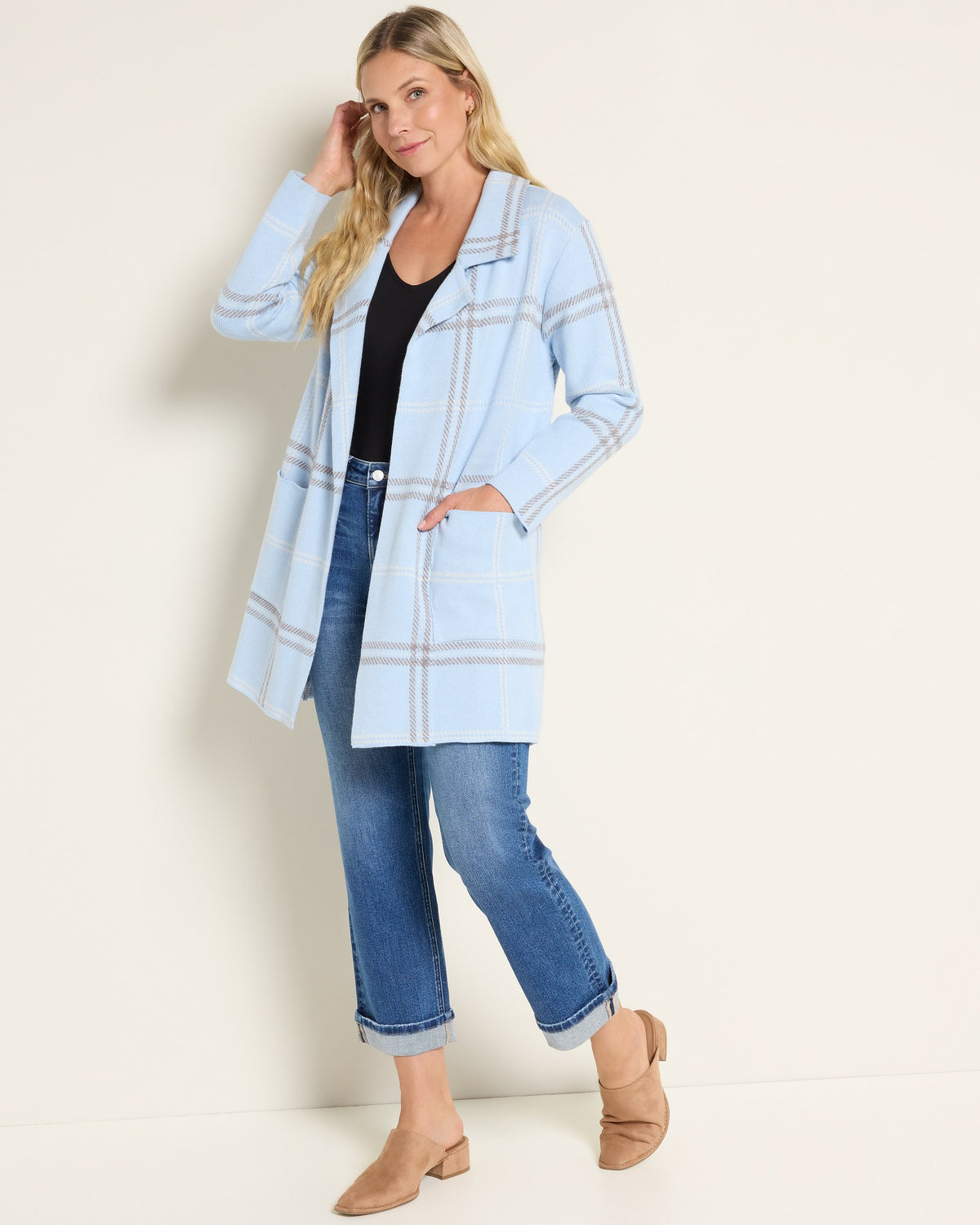 Light Blue Pepper Plaid $|& OneWorld Light Weight Sweater Coatigan - UGC On Fig