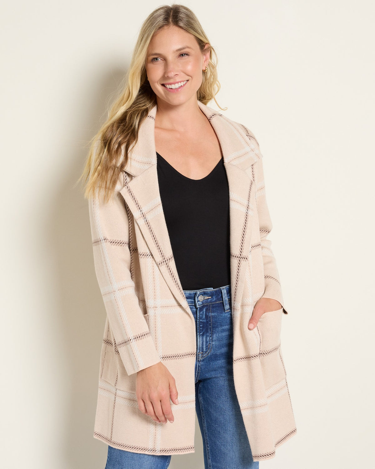 Taupe Plaid $|& OneWorld Light Weight Sweater Coatigan - SOF Front