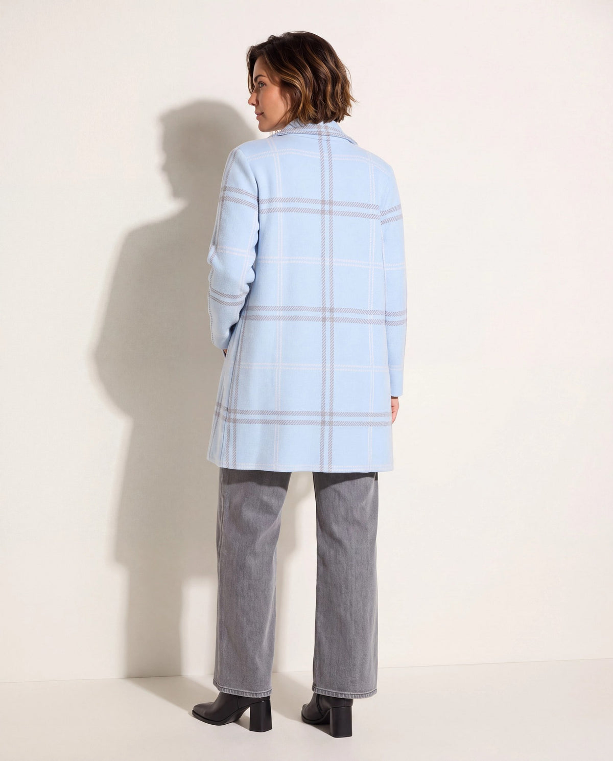 Light Blue Pepper Plaid $|& OneWorld Lightweight Sweater Coatigan - SOF Back