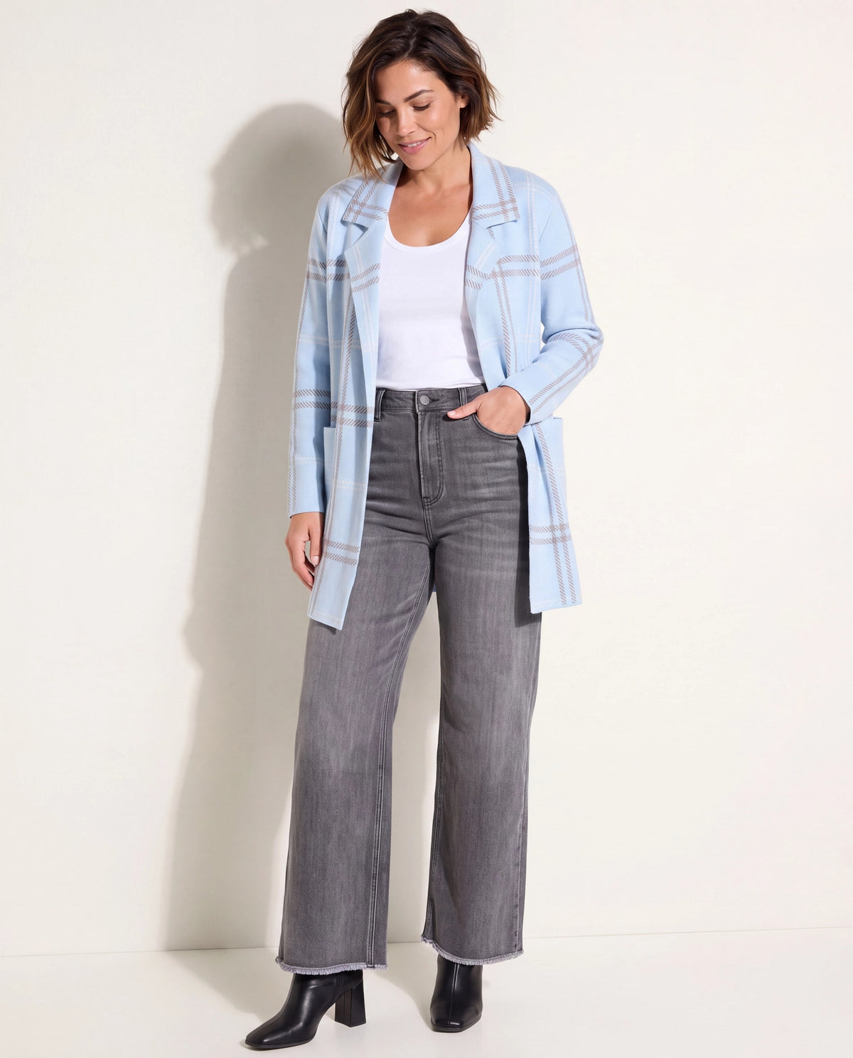 Light Blue Pepper Plaid $|& OneWorld Lightweight Sweater Coatigan - SOF Front
