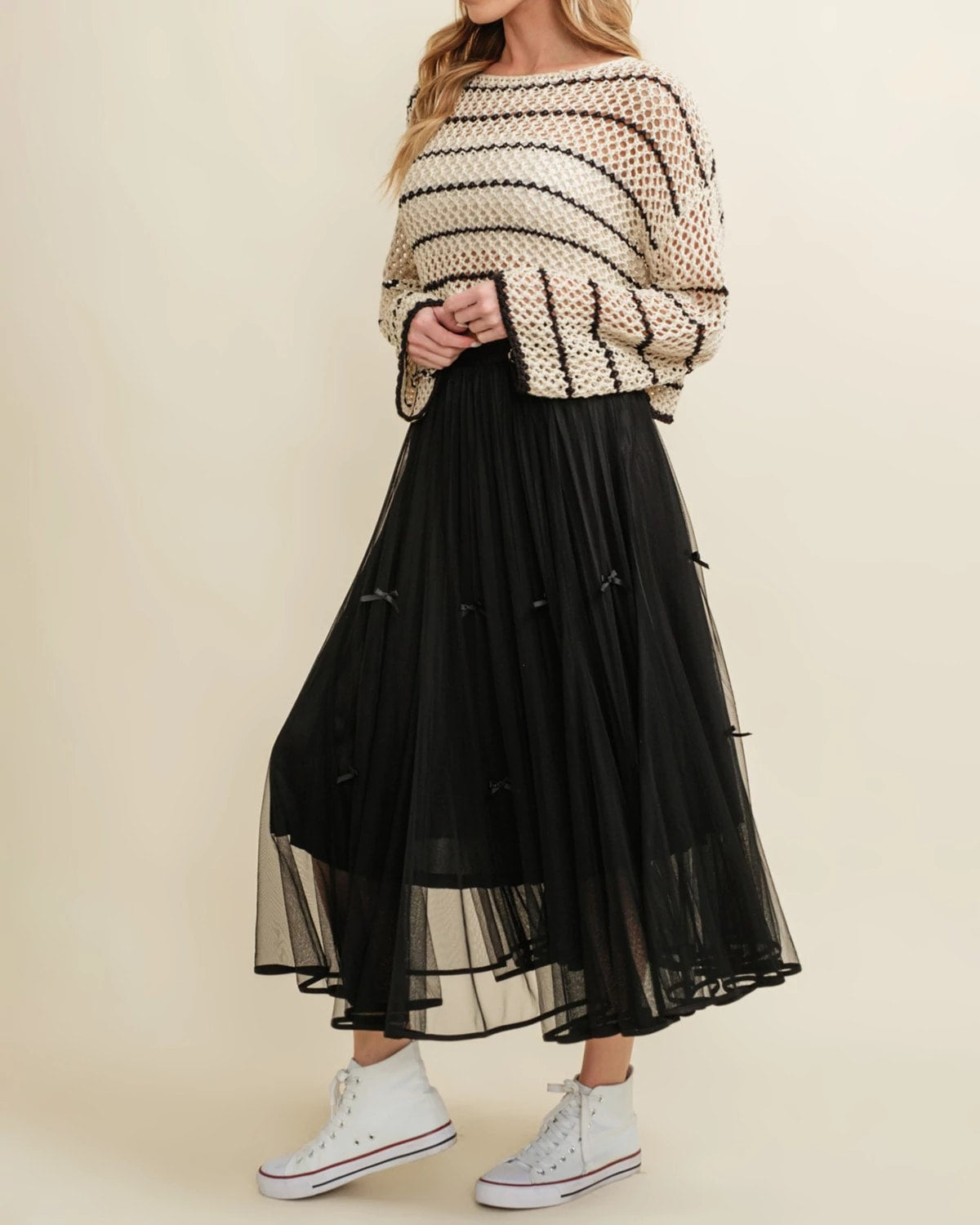 Cream/Black $|& Cloud Ten Open Weave Sweater with Contrast Stripe Detail - Hanger Front