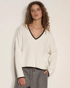 White $|& Apricot Oversized V-Neck Cable Pullover - VOF Detail