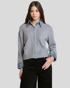 Lt Grey/ Denim $|& DEX Denim Trim Sweater Top - VOF Detail