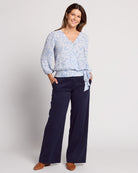 Light Blue/White $|& Beacon & Haven Printed Woven 3/4 Sleeve Surplice Blouse - SOF Front