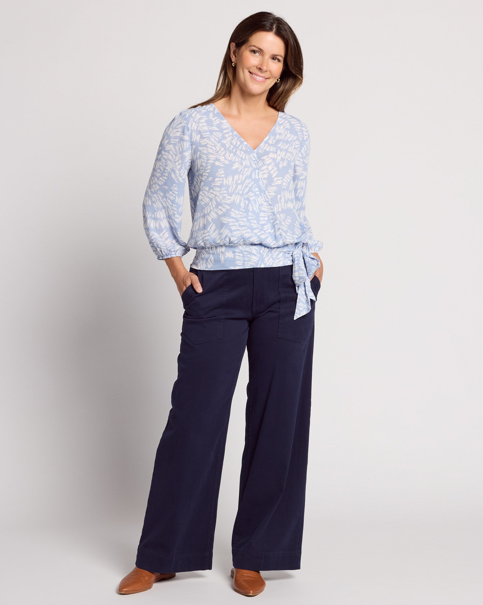 Light Blue/White $|& Beacon & Haven Printed Woven 3/4 Sleeve Surplice Blouse - SOF Front