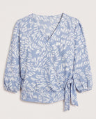 Light Blue/White $|& Beacon & Haven Printed Woven 3/4 Sleeve Surplice Blouse - Hanger Detail