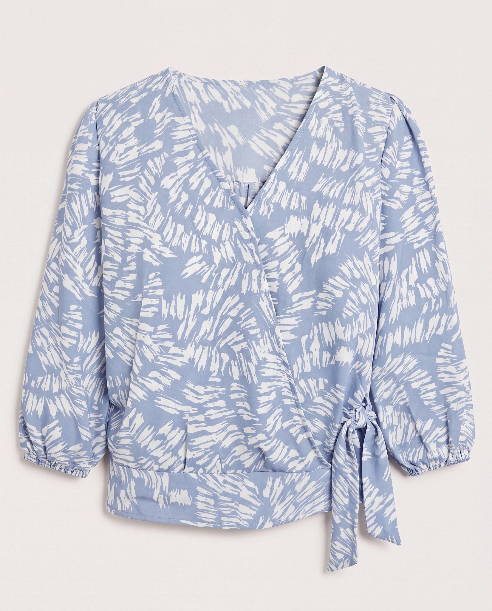 Light Blue/White $|& Beacon & Haven Printed Woven 3/4 Sleeve Surplice Blouse - Hanger Detail