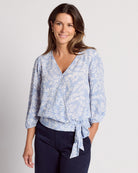 Light Blue/White $|& Beacon & Haven Printed Woven 3/4 Sleeve Surplice Blouse - SOF Front