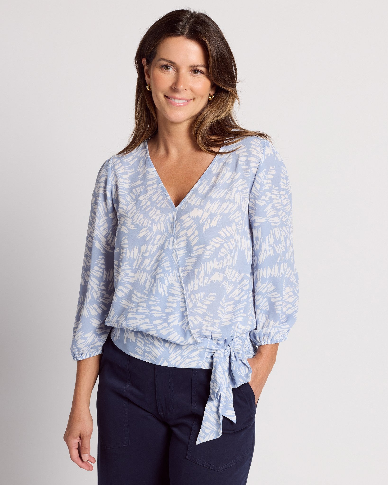 Light Blue/White $|& Beacon & Haven Printed Woven 3/4 Sleeve Surplice Blouse - SOF Front