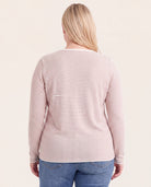 Ivory/Mocha $|& Staccato Long Sleeve Basic Crew Neck Pinstriped Sweater - Hanger Side