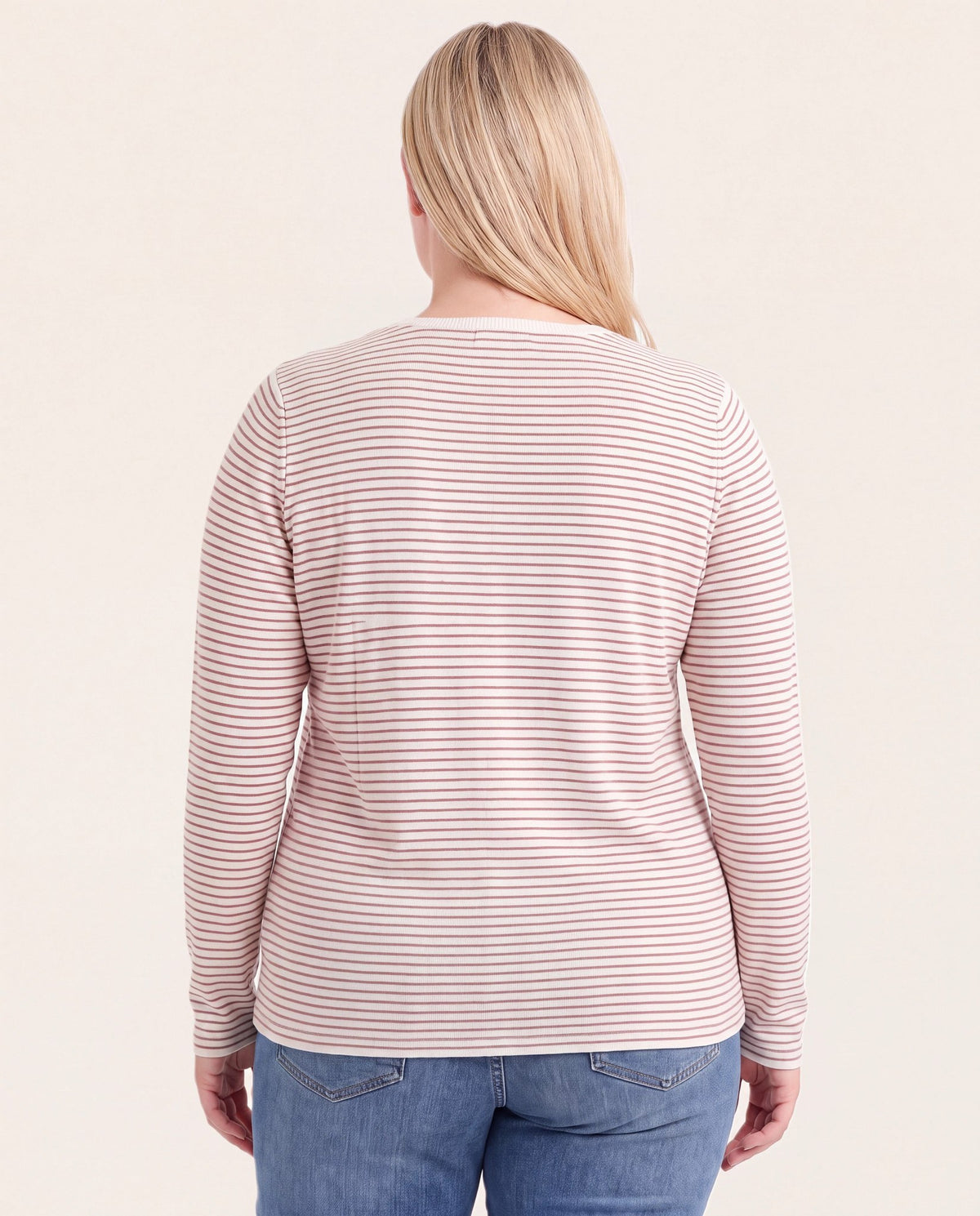 Ivory/Mocha $|& Staccato Long Sleeve Basic Crew Neck Pinstriped Sweater - Hanger Side