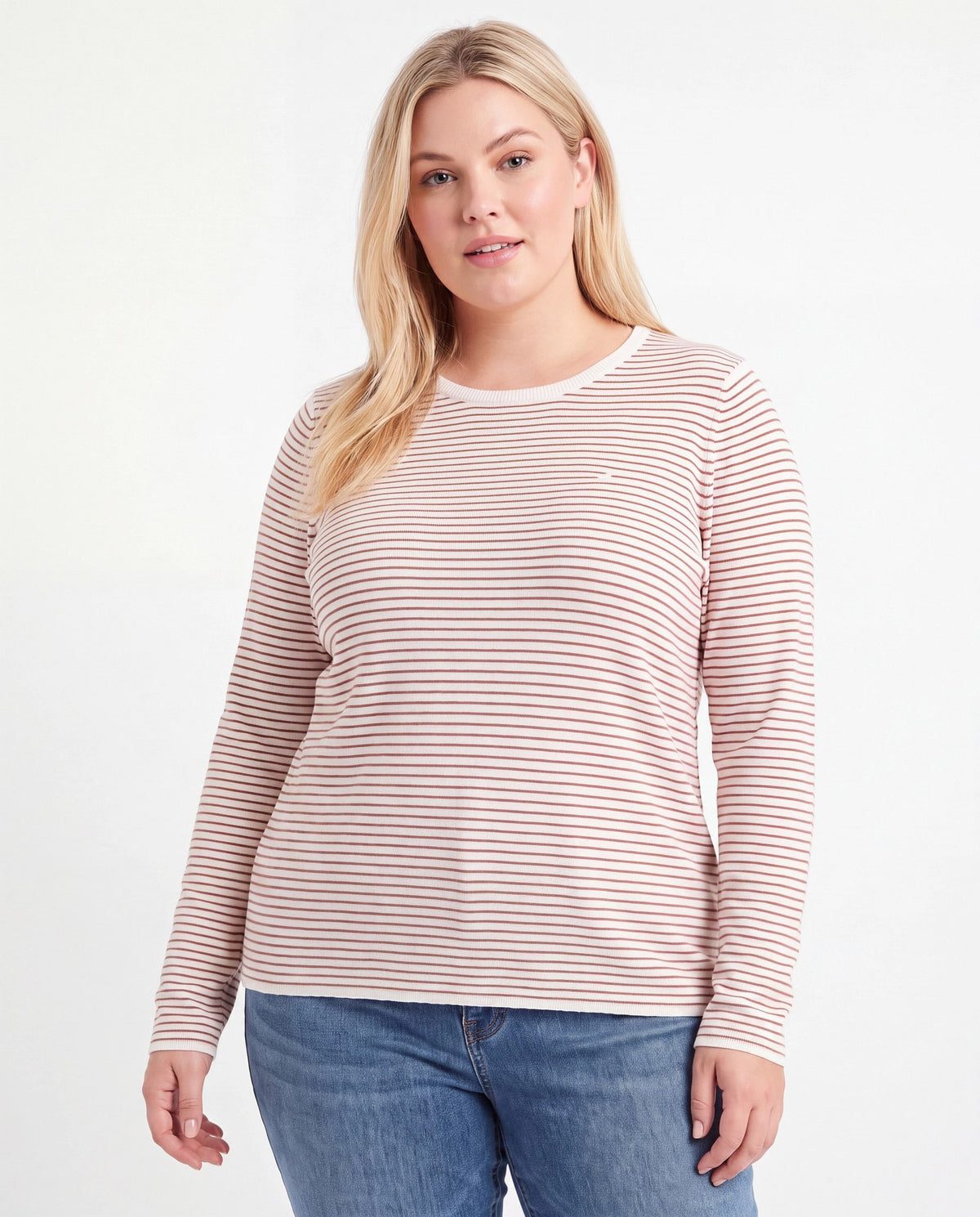 Ivory/Mocha $|& Staccato Long Sleeve Basic Crew Neck Pinstriped Sweater - VOF Detail
