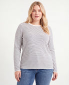 Ivory/Navy $|& Staccato Long Sleeve Basic Crew Neck Pinstriped Sweater - VOF Detail