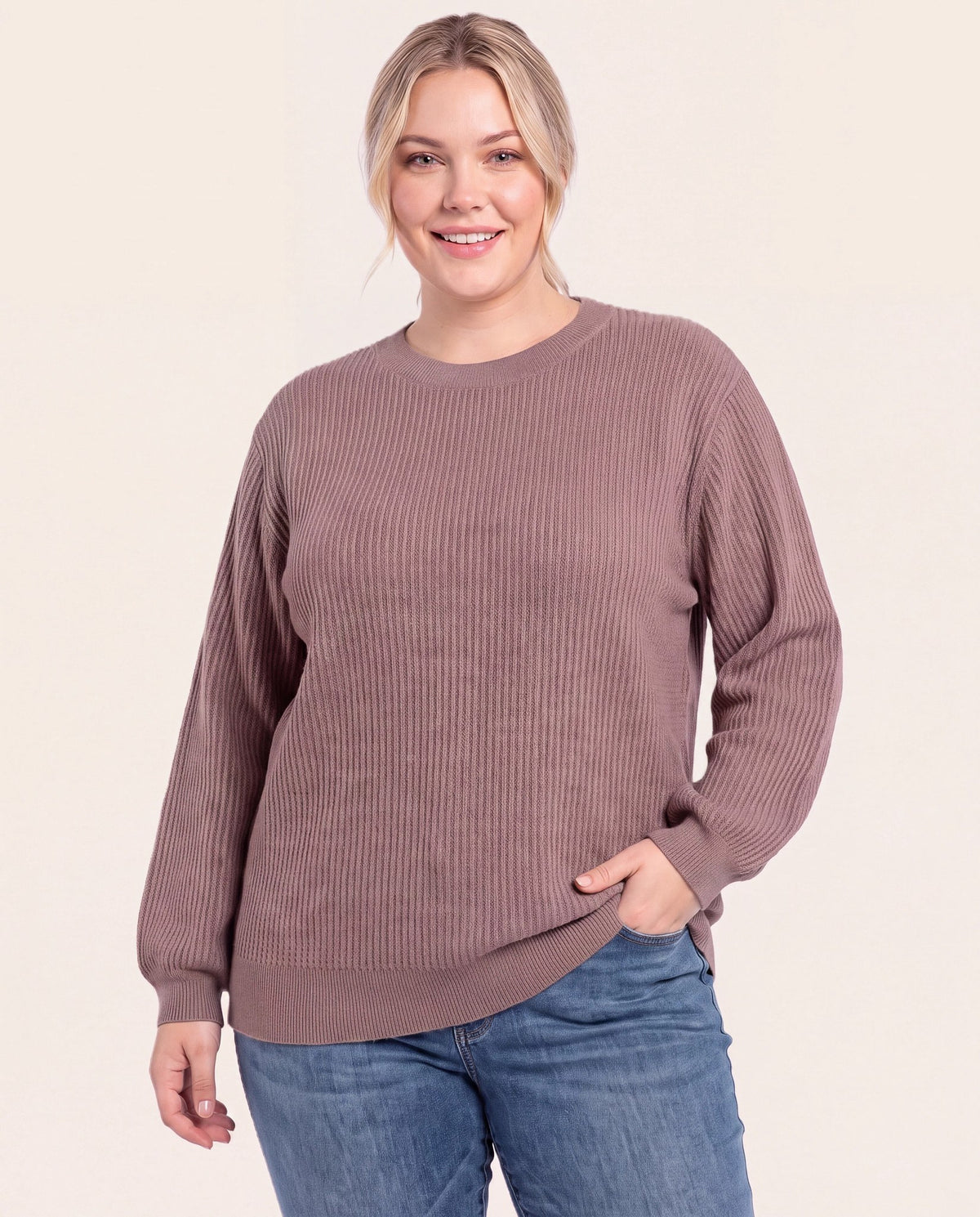 Mocha $|& Staccato Textured Crew Neck Balloon Sleeve Pullover Sweater - VOF Detail