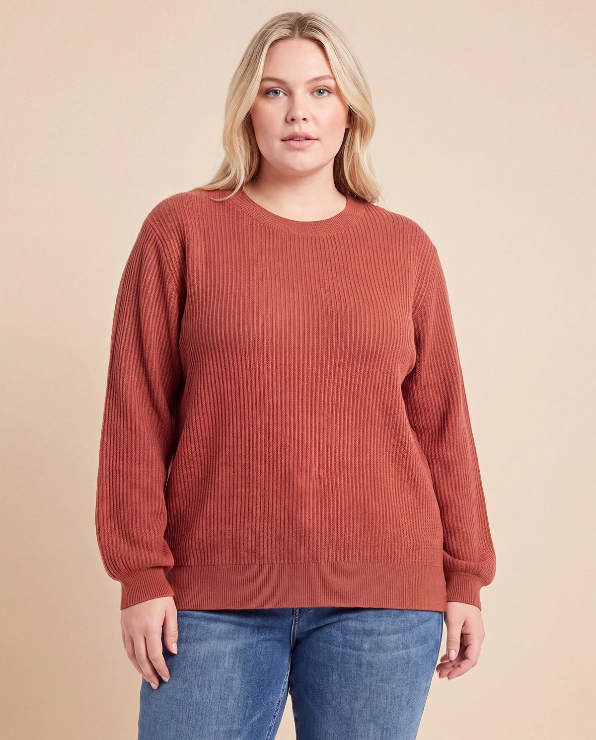 Rust $|& Staccato Textured Crew Neck Balloon Sleeve Pullover Sweater - VOF Detail