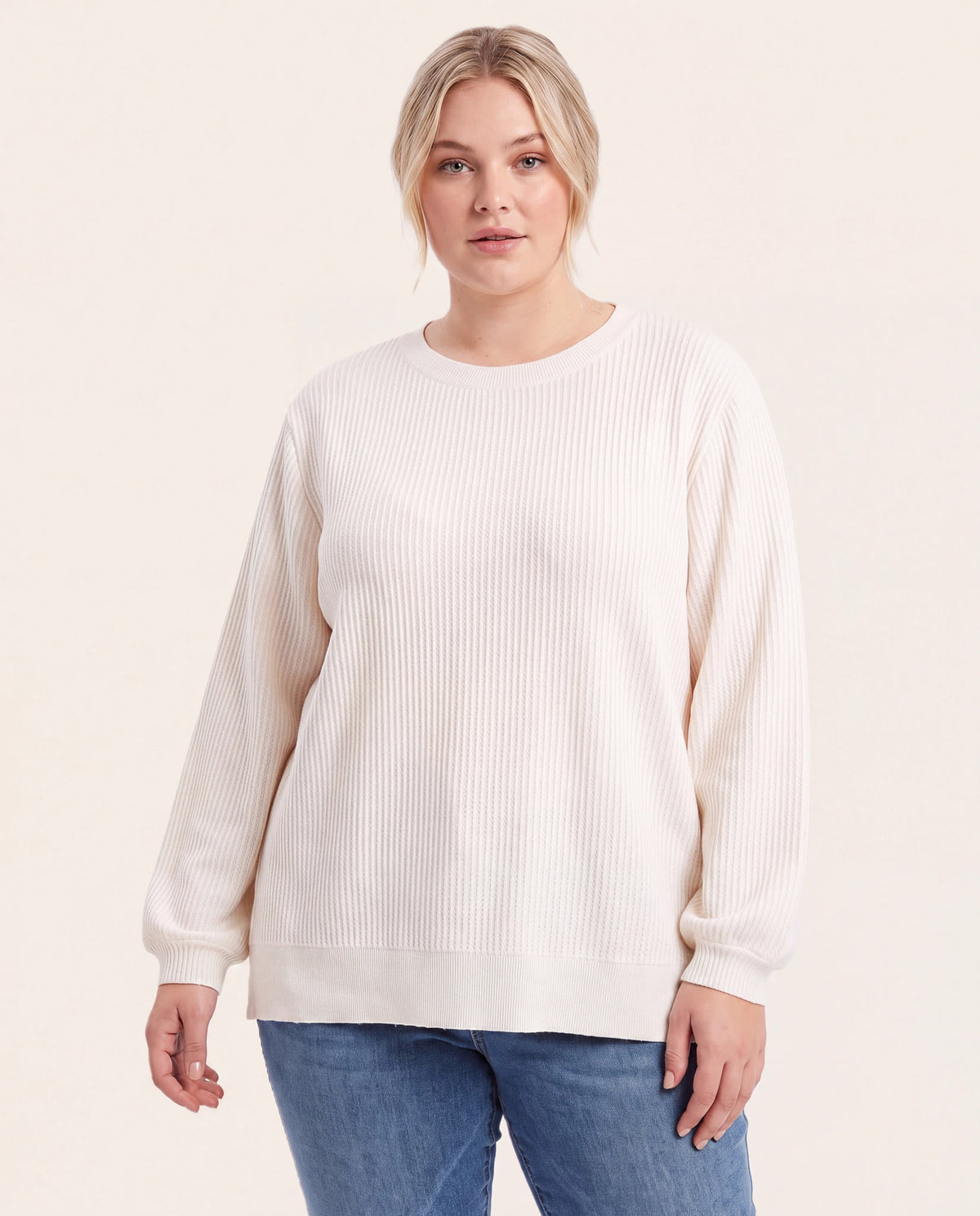 Ivory $|& Staccato Textured Crew Neck Balloon Sleeve Pullover Sweater - VOF Detail