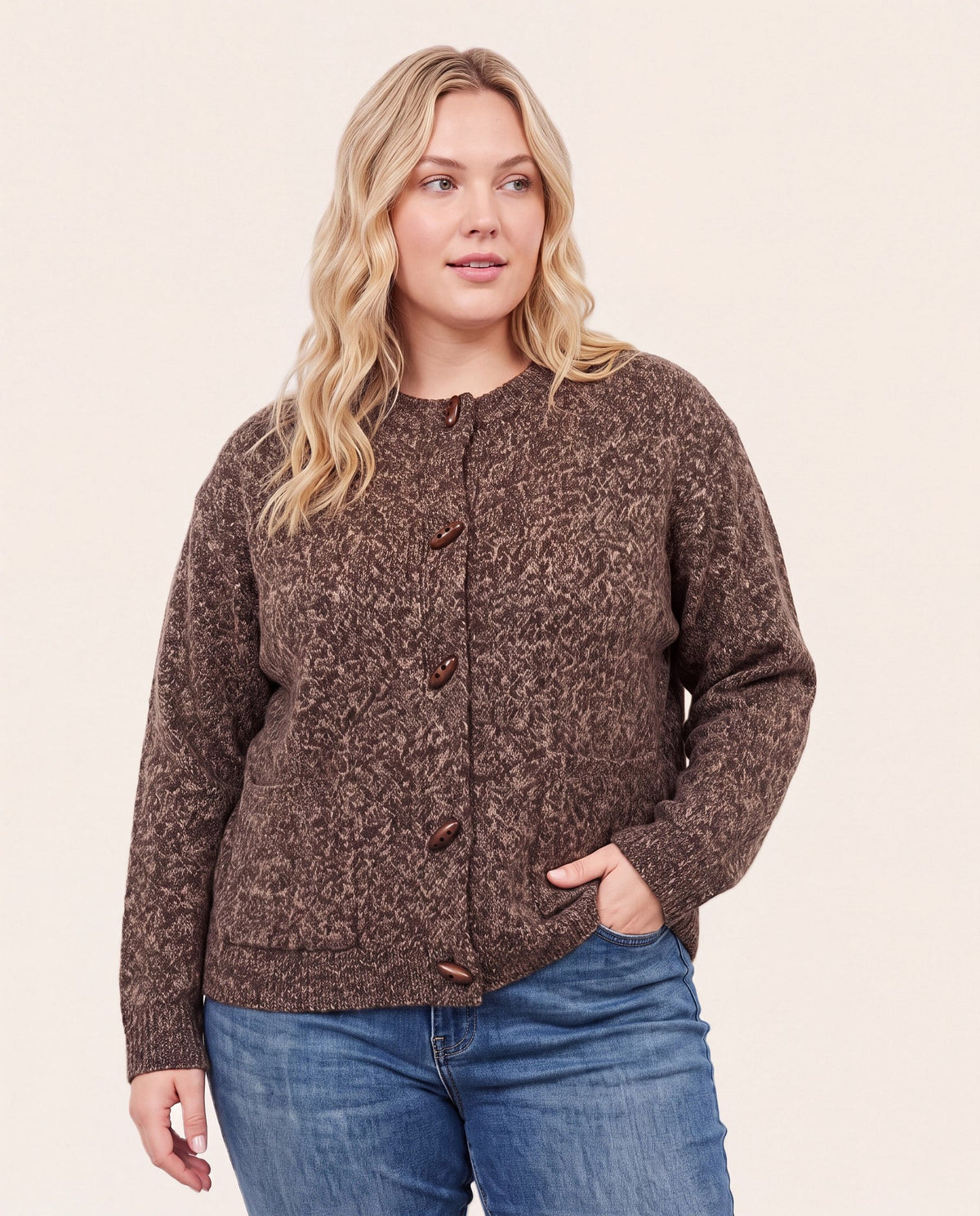 Brown $|& Staccato Crew Neck Button Down Cardigan - VOF Detail