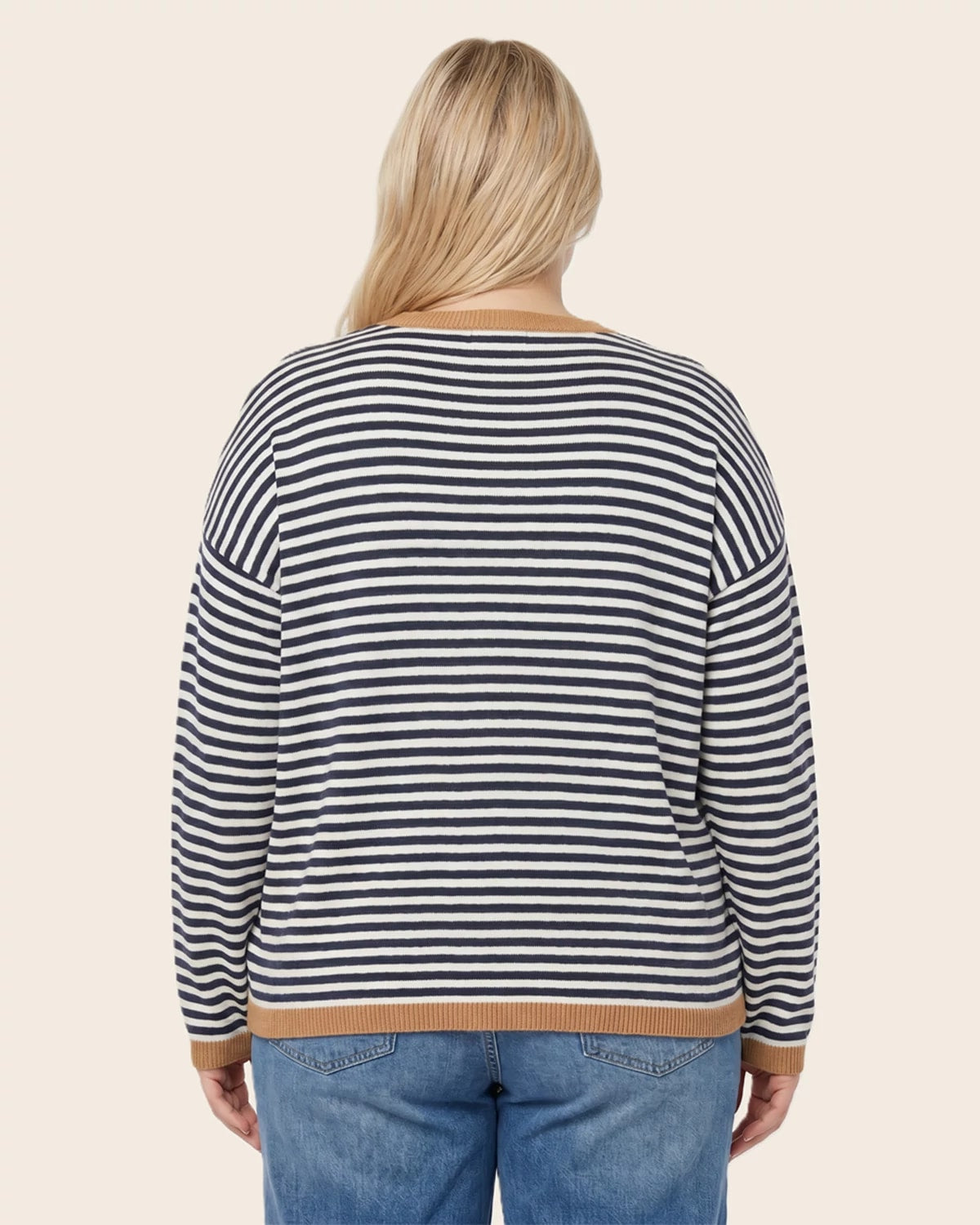 Navy/Camel $|& Staccato Striped Pullover Sweater - Hanger Side