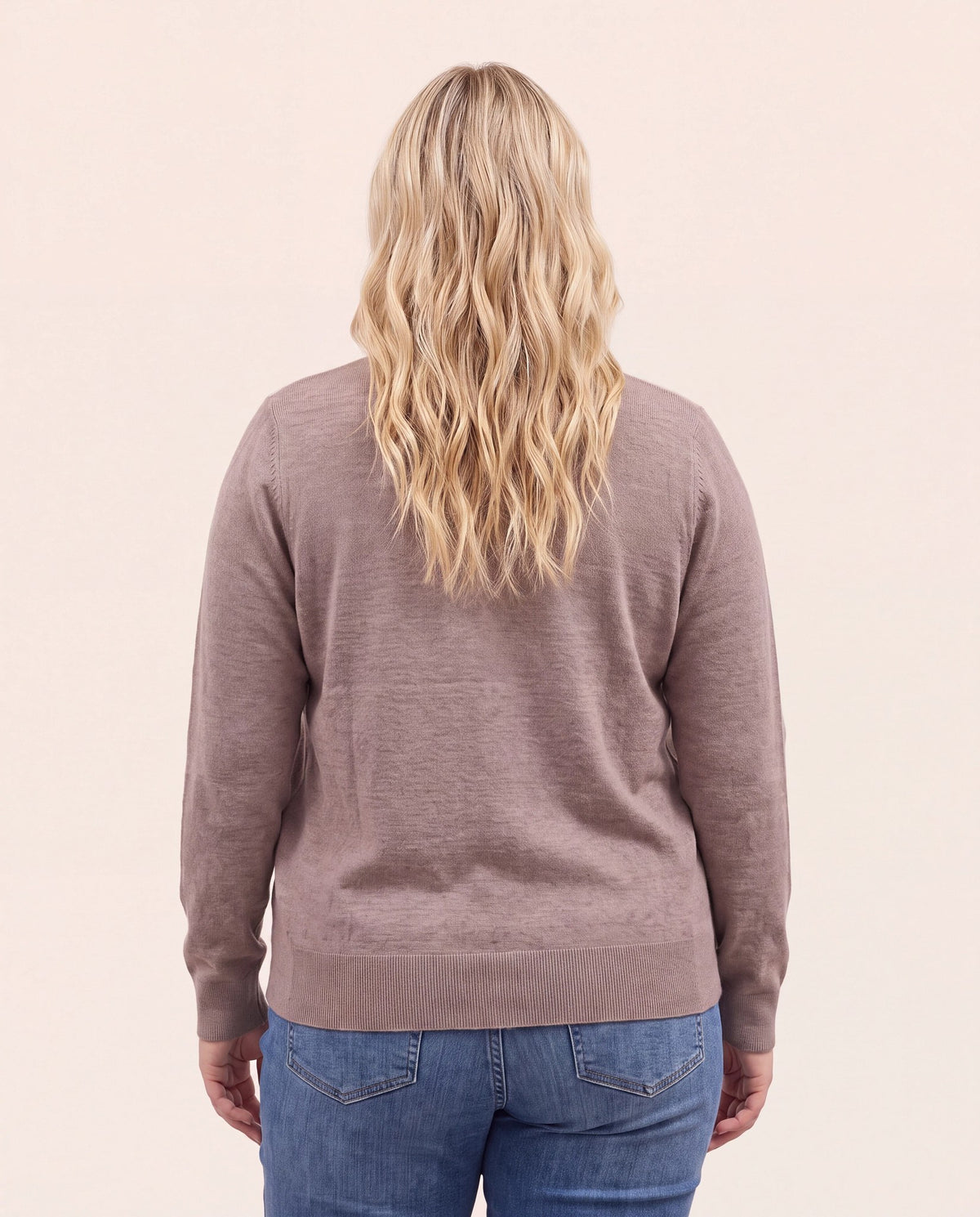 Light Mocha $|& Staccato Basic Crew Neck Button Down Cardigan - Hanger Side
