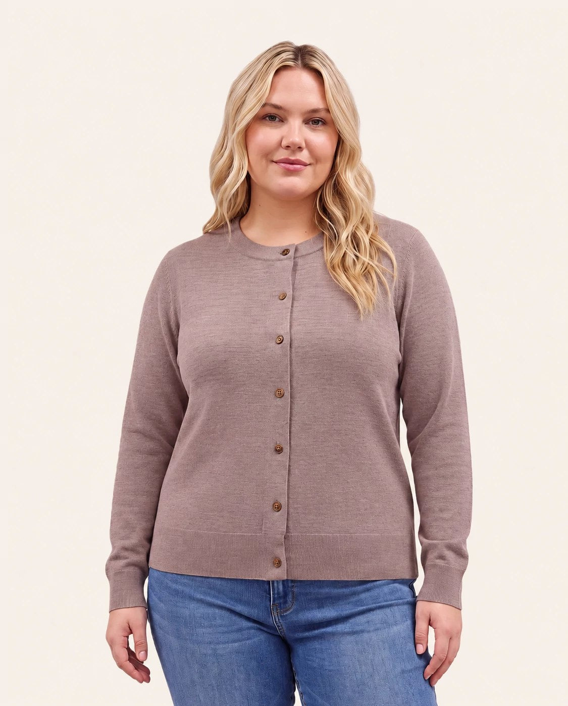Light Mocha $|& Staccato Basic Crew Neck Button Down Cardigan - VOF Detail