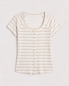 Taupe White $|& Thread & Supply Adina Stripe Top - Hanger Detail