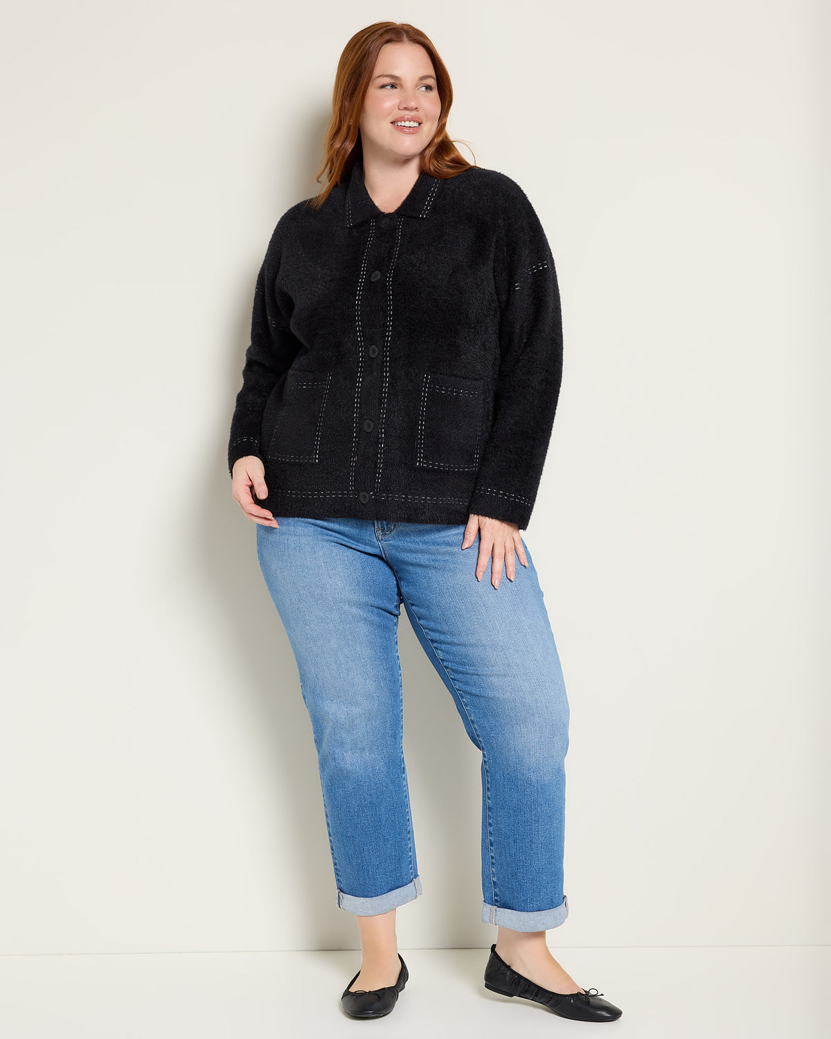 Black/White $|& Bobeau Fuzzy Button Front - UGC On Fig
