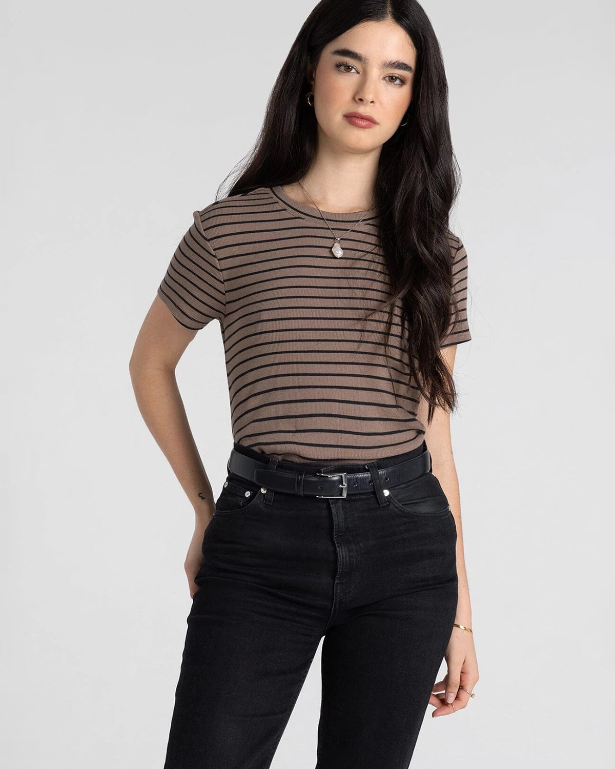 Latte Black Stripe $|& Thread & Supply Annie Stripe Tee - VOF Detail