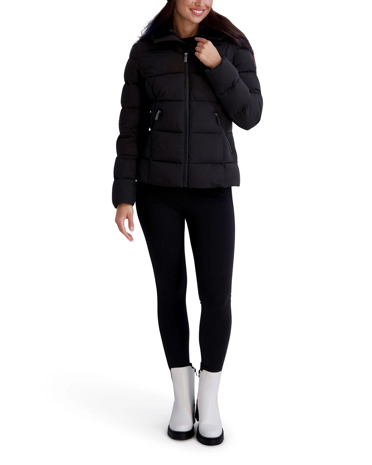Black $|& Kenneth Cole Short Hooded Packable Puffer with Cozy Lining - Hanger Back