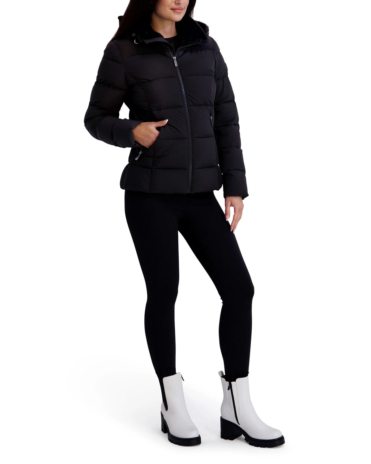 Black $|& Kenneth Cole Short Hooded Packable Puffer with Cozy Lining - Hanger Front