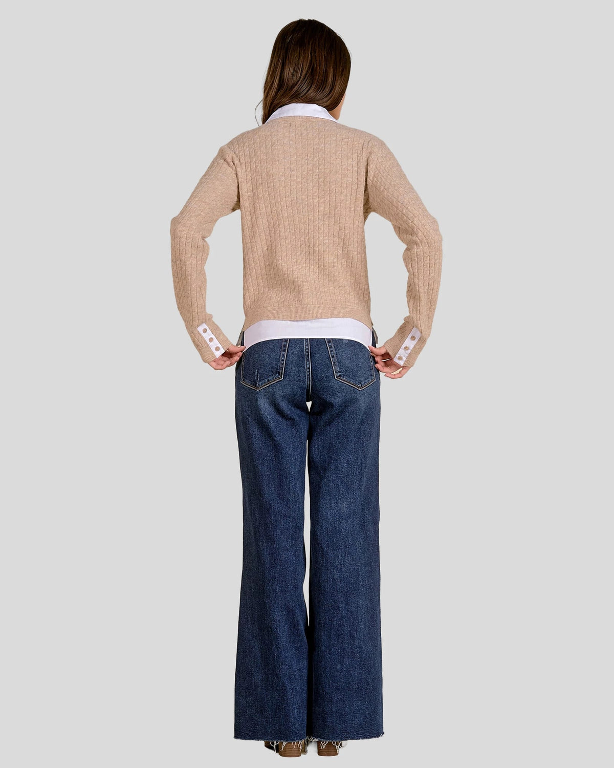 Tan White $|& Elan Classic Two-Fer Sweater Knit Top - Hanger Side