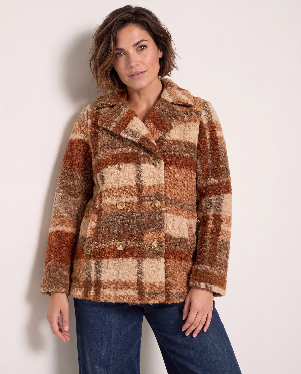 Nutmeg/Multi Plaid Sherpa $|& Liverpool Double Breasted Peacoat - SOF Front