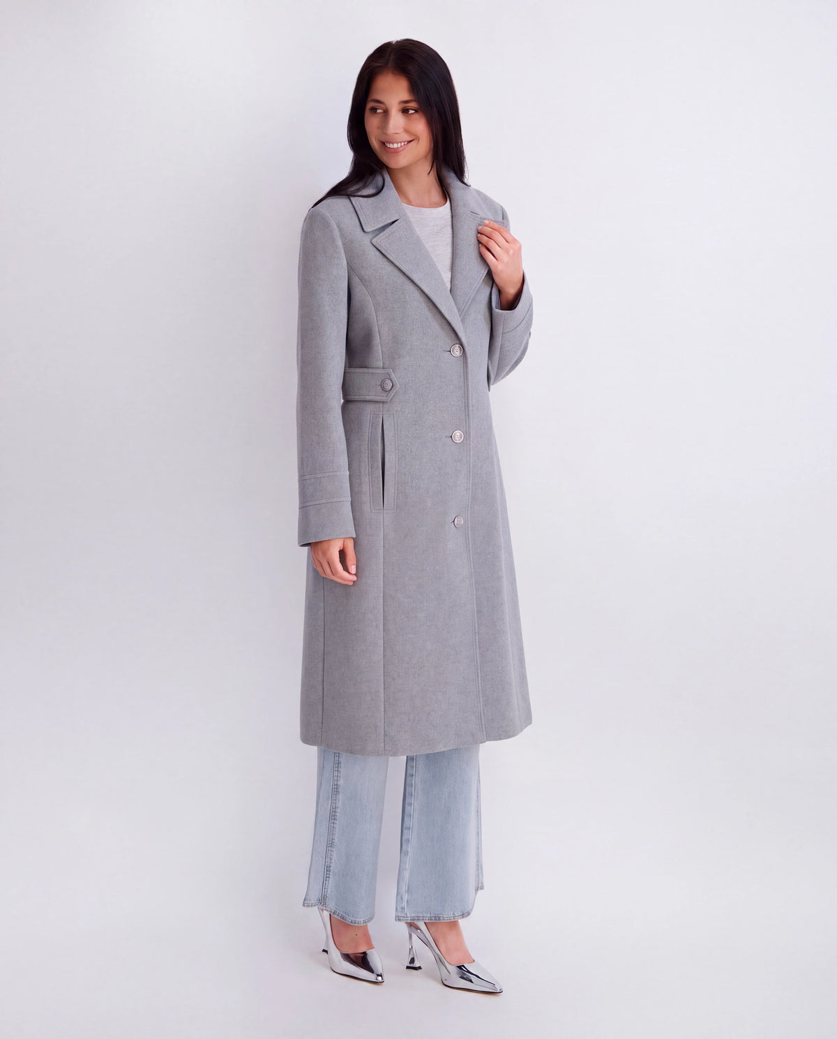 Light Grey Heather $|& Kensie Overcoat with Side Belt Detail - Hanger Front