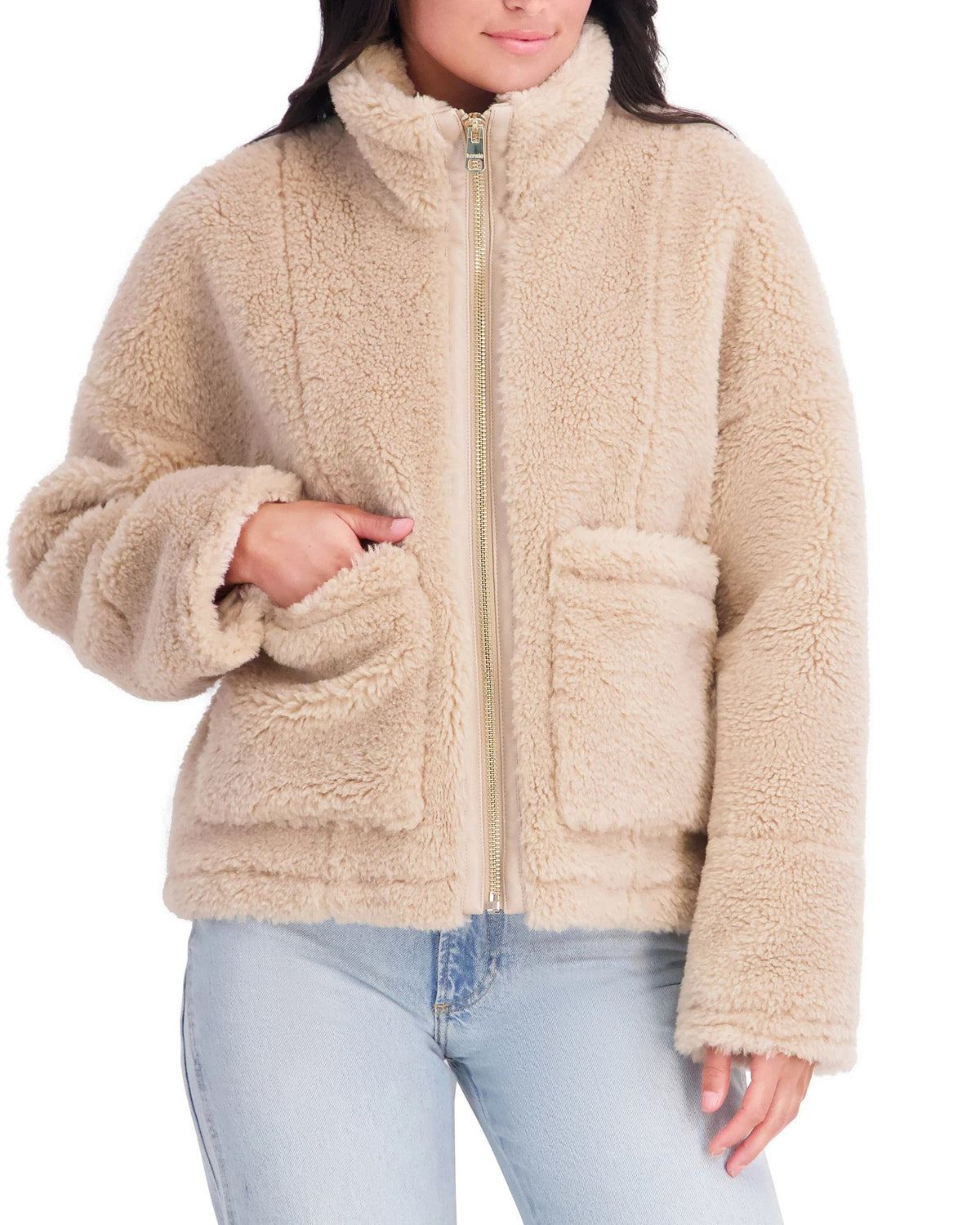 Khaki $|& Kensie Faux Fur Zip Up Jacket