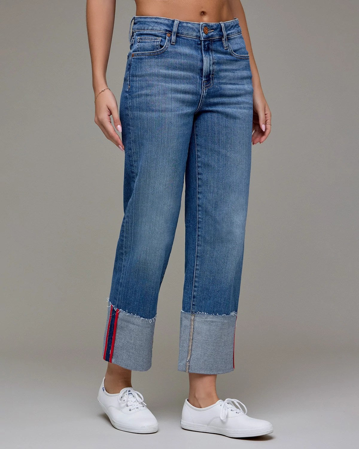 Medium/Red Tape $|& Hidden Mid Rise Cuffed Classic Straight with Taping - Hanger Front