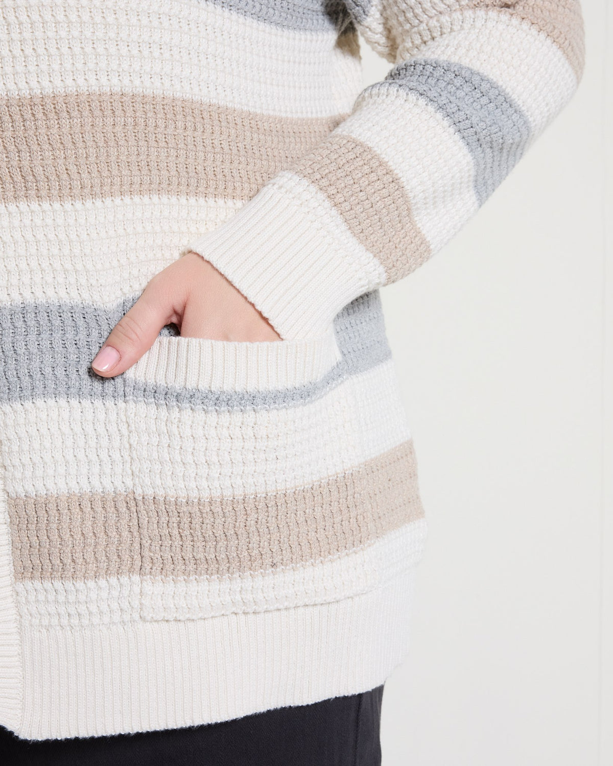 Cream/Ht Grey Stripe $|& SEAS Olivia Cardigan with Pockets - SOF Full Front