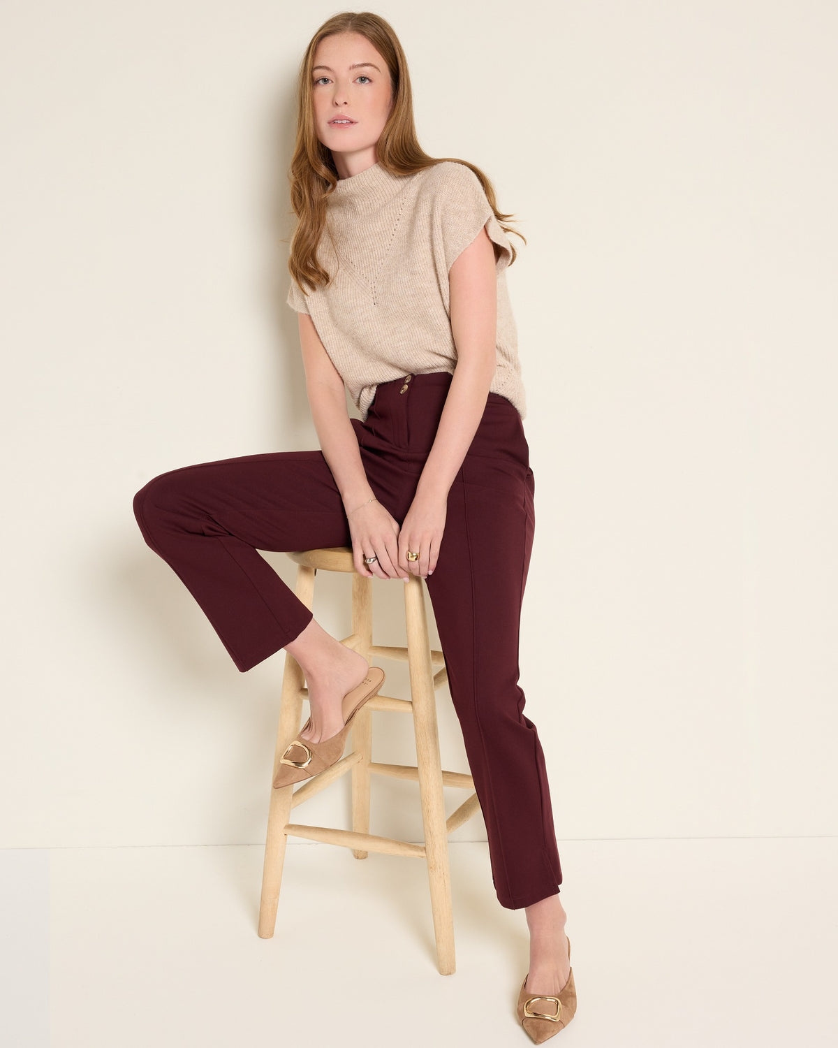 Burgundy $|& SEAS Willis High Rise Seamed Crop with Slits - VOF Front