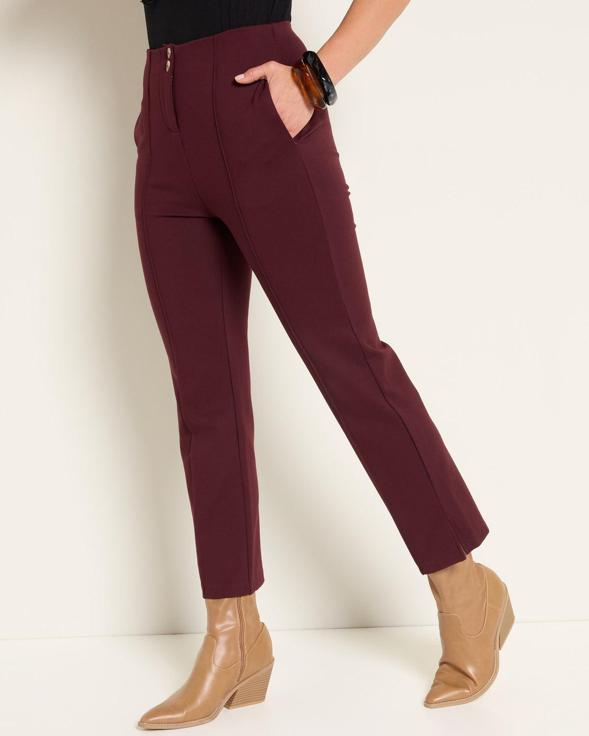Burgundy $|& SEAS Willis High Rise Seamed Crop with Slits - SOF Front