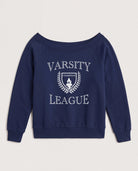 Navy $|& Interval Tri Blend Fleece One Shoulder Graphic Pullover - Hanger Detail