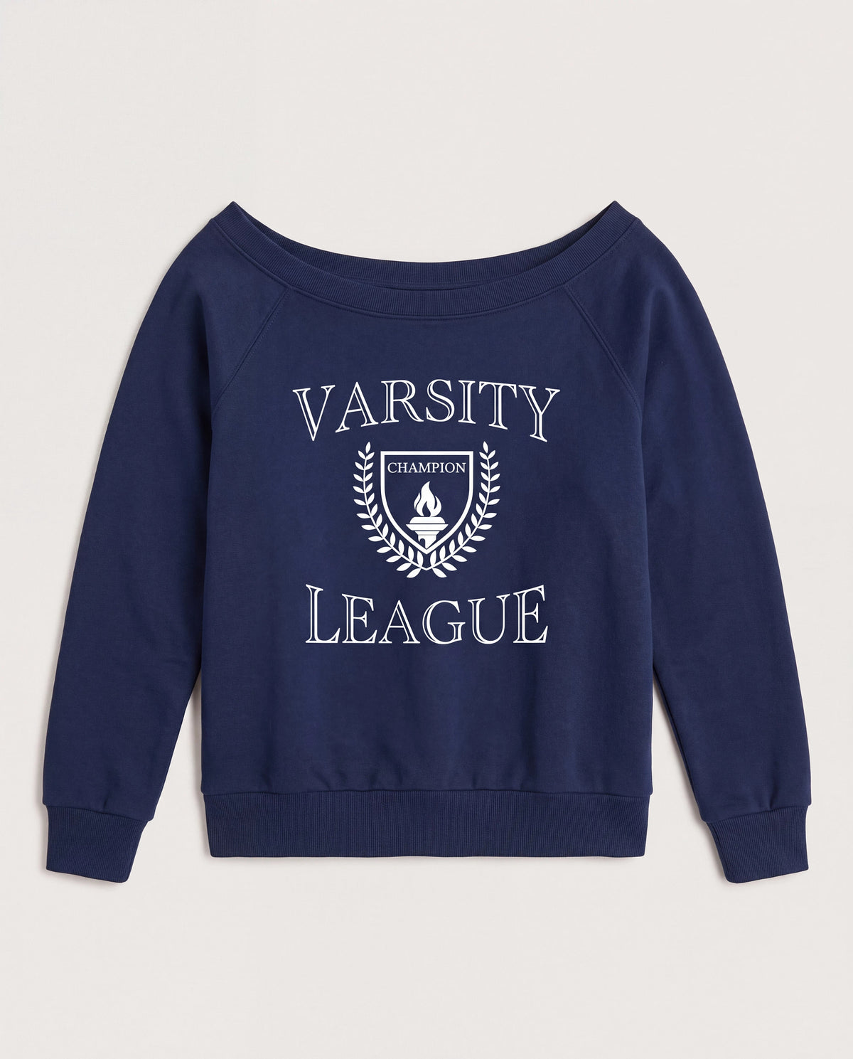 Navy $|& Interval Tri Blend Fleece One Shoulder Graphic Pullover - Hanger Detail